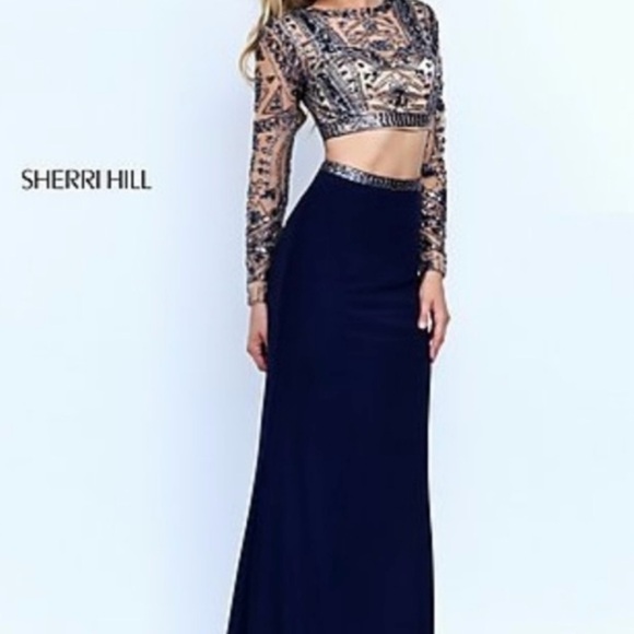 Sherri Hill Dresses & Skirts - Sherri Hill Navy and Gold Long Sleeve Dress